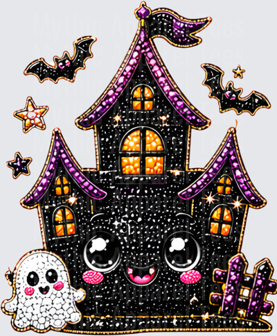 Halloween Bling Kawaii Haunted House with Cute Ghost Bats and Stars Glitter Purple Black Spooky Castle Face