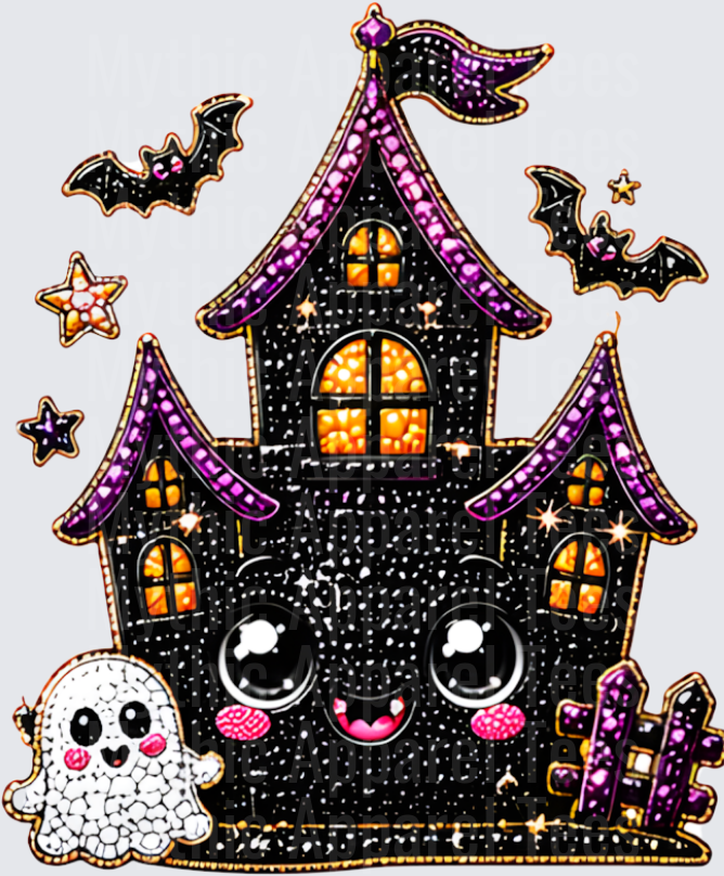 Halloween Bling Kawaii Haunted House with Cute Ghost Bats and Stars Glitter Purple Black Spooky Castle Face