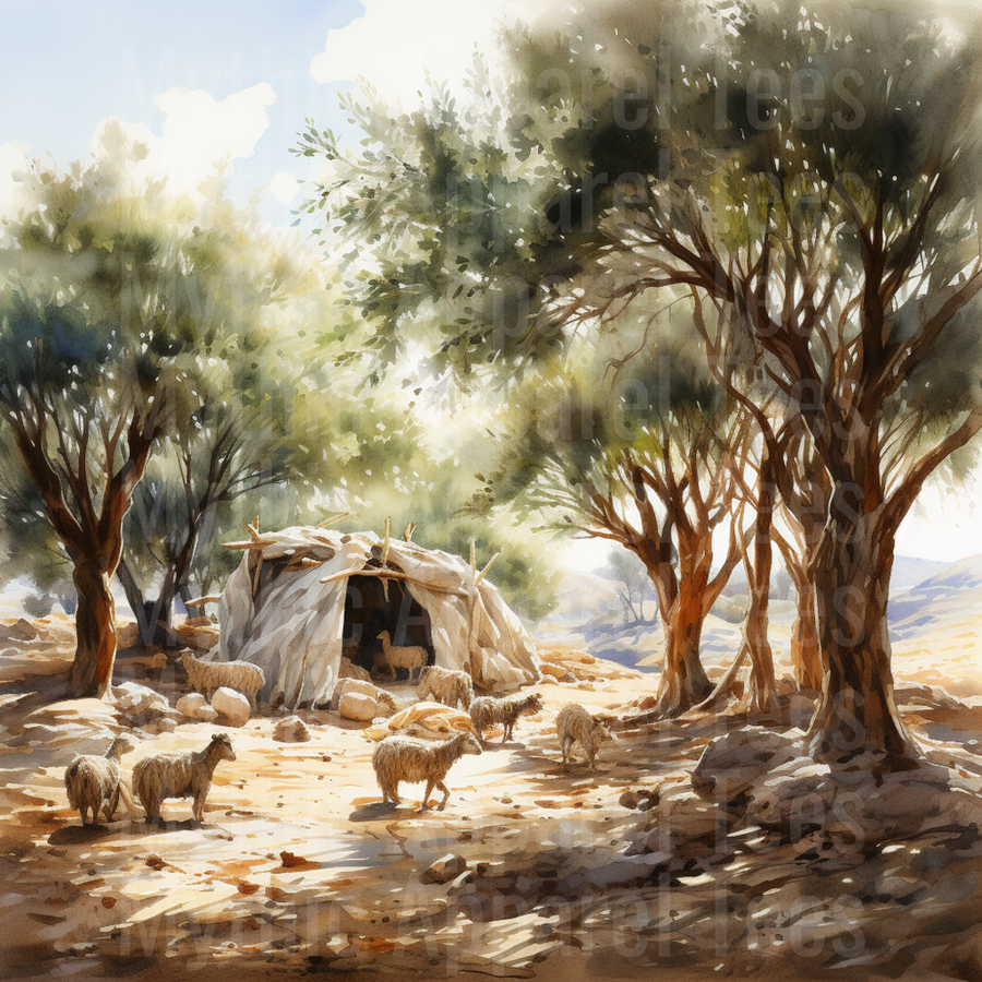Nativity Sheep Grazing by Ancient Olive Trees Watercolor