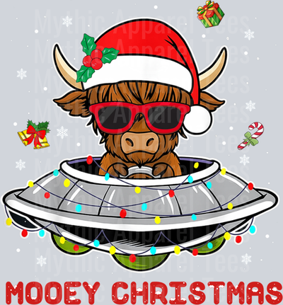 Mooey Christmas Highland Cow Alien UFO Santa Hat Xmas Lights Sweatshirt