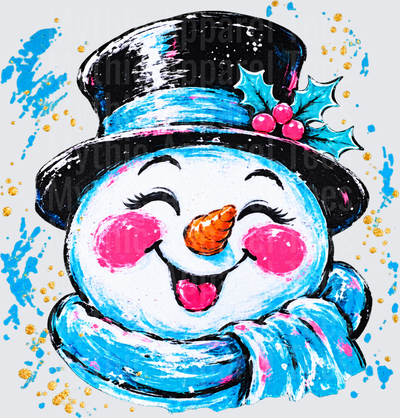 Happy Snowman Face Black Top Hat Holly Berry Blue Scarf Pink Rosy Cheeks Brush Stroke Winter Christmas Design
