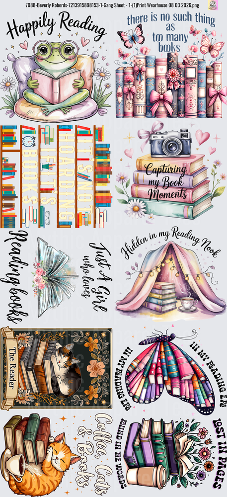 Gang Sheet FULL SIZE DESIGNS Book Lover Reading Themed Collection with Frog Butterflies Camera Cat and Inspirational Quotes