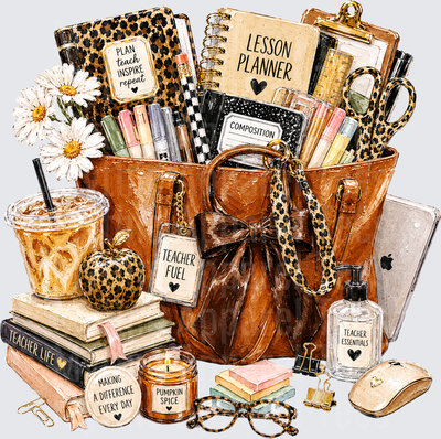 Leopard Print Teacher Life Tote Bag with Lesson Planner Iced Coffee Apple Pumpkin Spice Candle and Teacher Essentials Cluster Design