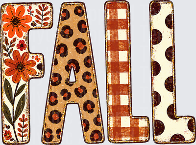 Fall Designs Patterned FALL Letters with Floral Leopard Print Buffalo Plaid and Polka Dot Autumn Typography
