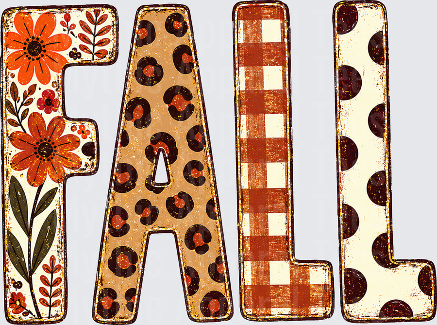 Fall Designs Patterned FALL Letters with Floral Leopard Print Buffalo Plaid and Polka Dot Autumn Typography