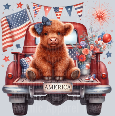 Red Truck with American Flag and Fireworks DTF Patriotic Highland Cow Transfers