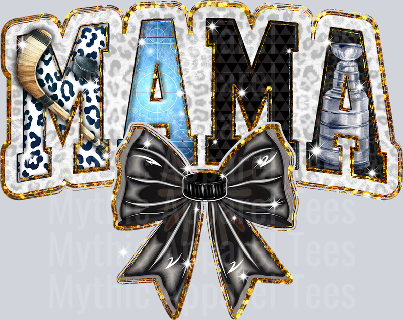 Hockey Mama black ribbon bow with blue and black text cute DTF Sports Transfers