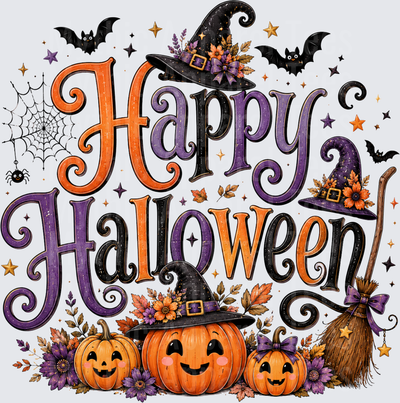 Happy Halloween Floral Witch Hat Jack-O-Lantern Pumpkins Bats Spider Web Broomstick Orange Purple Typography