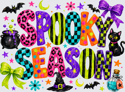 Halloween Bright And Fun Spooky Season Bold Patterned Letters With Black Cat Witch Hat Cauldron Bats Potion Bottle Bows And Stars