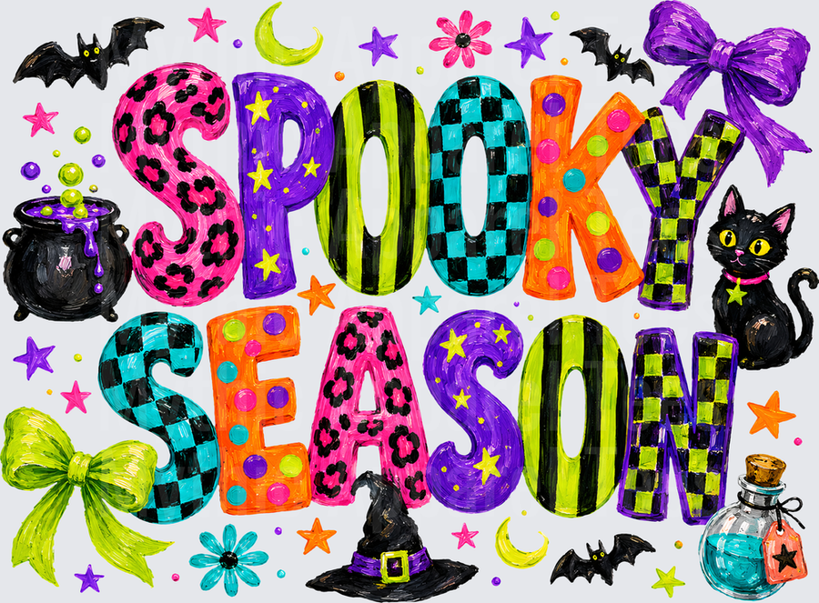 Halloween Bright And Fun Spooky Season Bold Patterned Letters With Black Cat Witch Hat Cauldron Bats Potion Bottle Bows And Stars