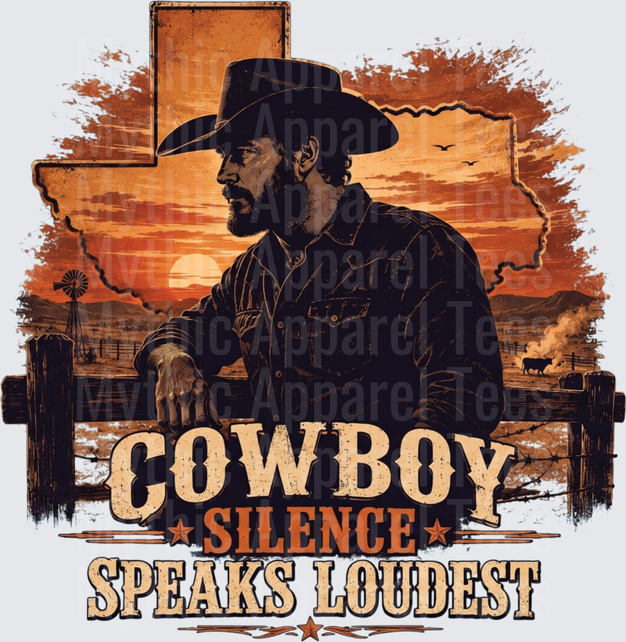 Rugged Cowboy Silence Speaks Loudest Texas Sunset Ranch Western Vintage Graphic with Fence Windmill and Cattle