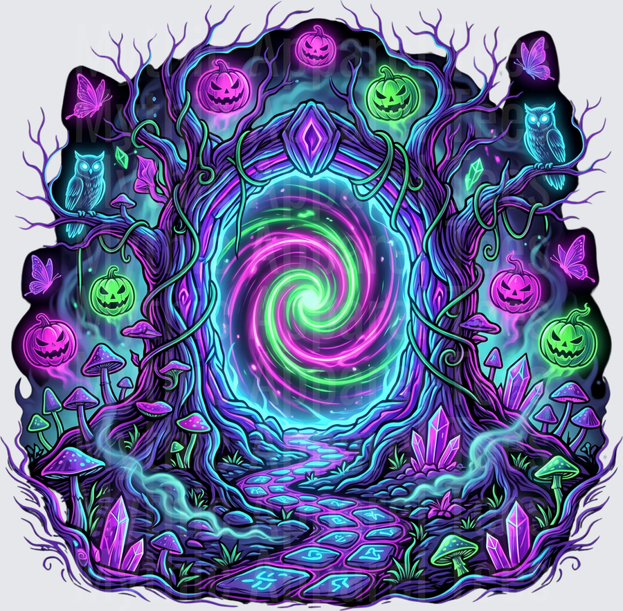 Neon Halloween Enchanted Forest Portal with Glowing Jack-o-Lanterns Owls Butterflies Crystals and Magical Mushrooms