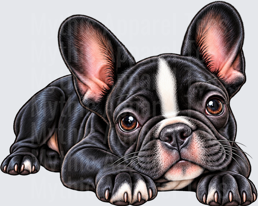 French Bulldog Black and White Puppy Laying Down with Big Ears and Soulful Brown Eyes
