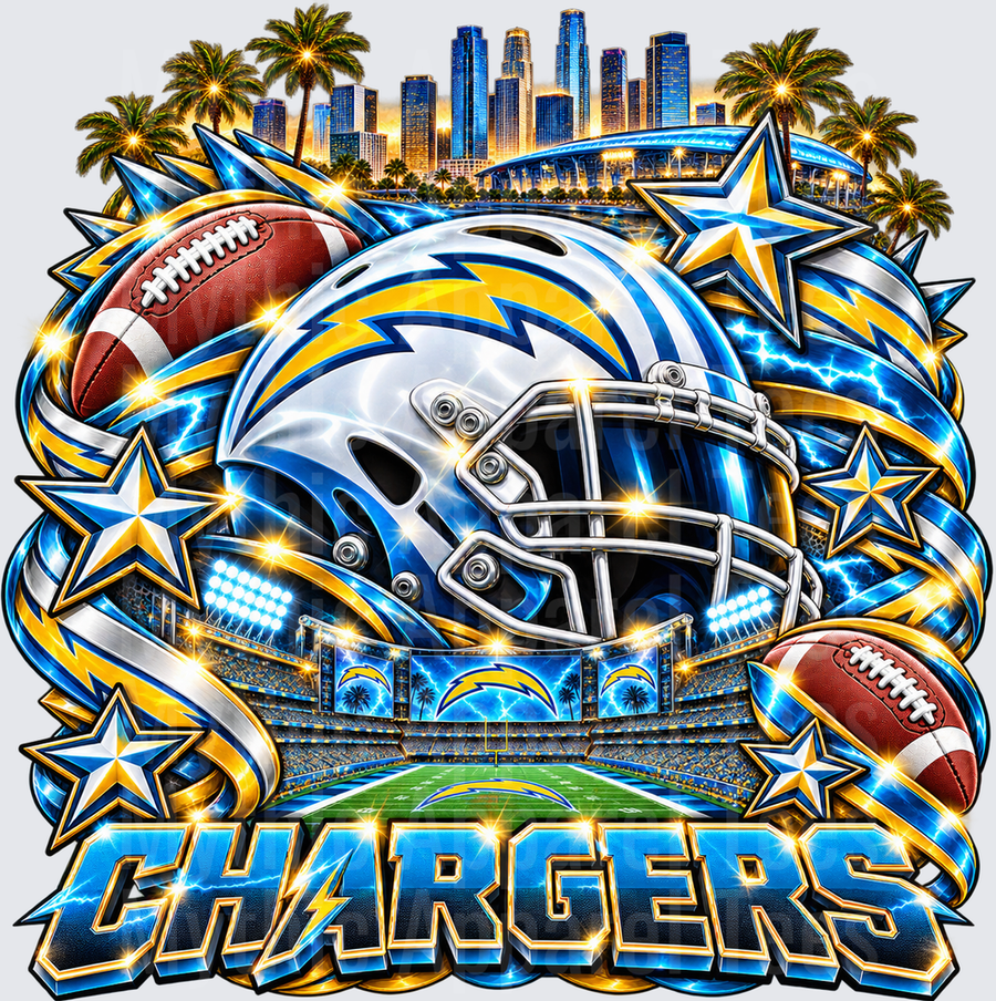 Los Angeles Chargers NFL Helmet Stadium Skyline Lightning Bolt Electric Blue Gold Graphic