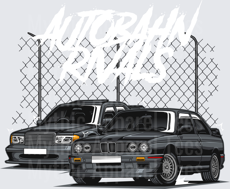 Drifting and Muscle Cars BMW E30 and Mercedes W124 Chain Link Fence