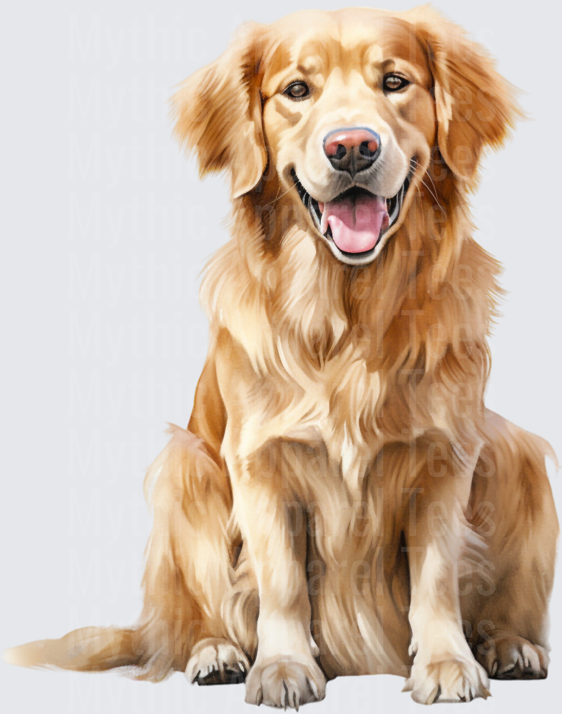 Smiling Golden Retriever Sitting Watercolor Realistic Dog Portrait