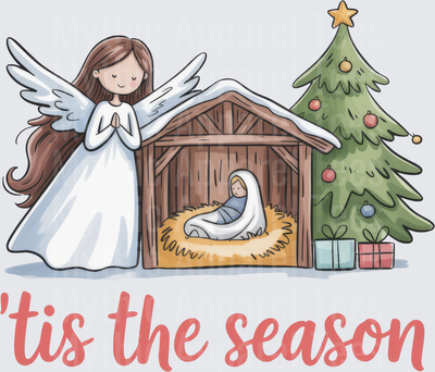 Tis The Season Angel Praying Over Nativity Manger Scene with Christmas Tree and Gifts Religious Holiday