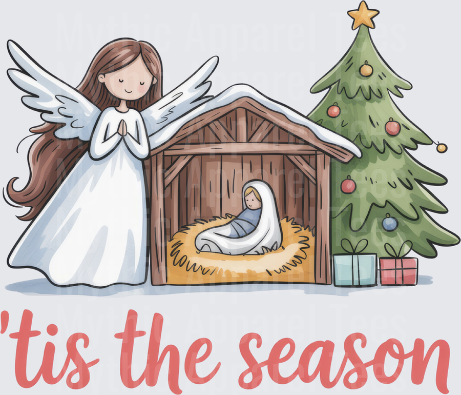 Tis The Season Angel Praying Over Nativity Manger Scene with Christmas Tree and Gifts Religious Holiday