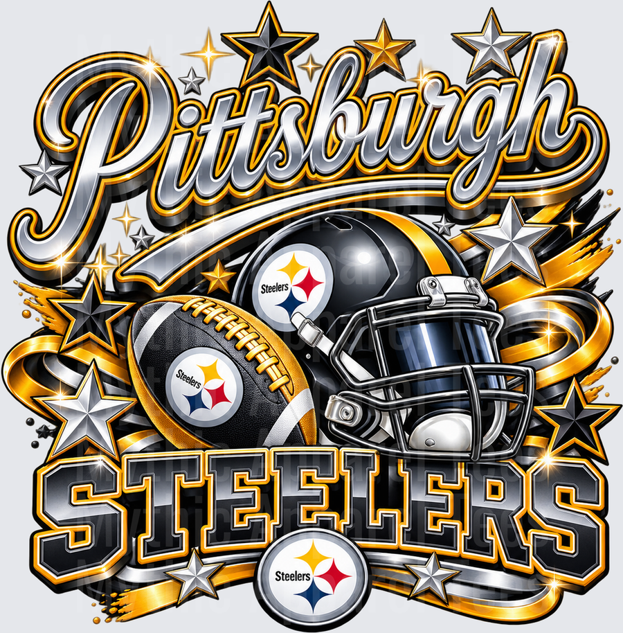 Gradient Polished Style NFL Pittsburgh Steelers Black Gold Helmet Football Stars and Ribbons Bold Script Graphic Design