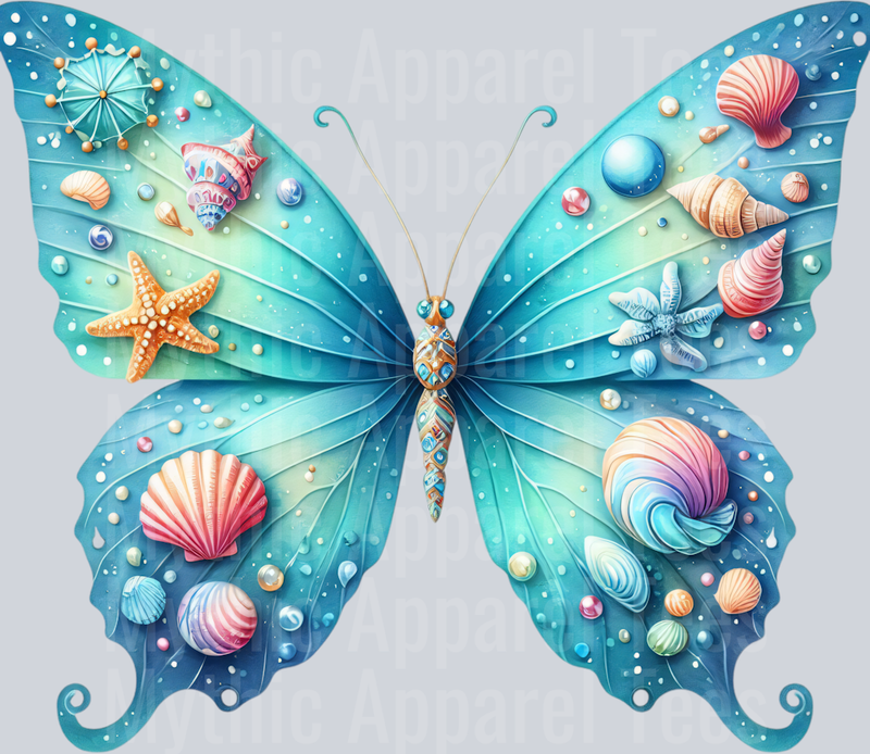 Blue Seashell Aqua Watercolor butterfly DTF Butterfly Transfers