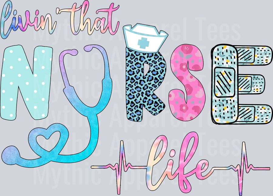 livin that nurse life heartbeat and pastel colors DTF Nurse Transfers