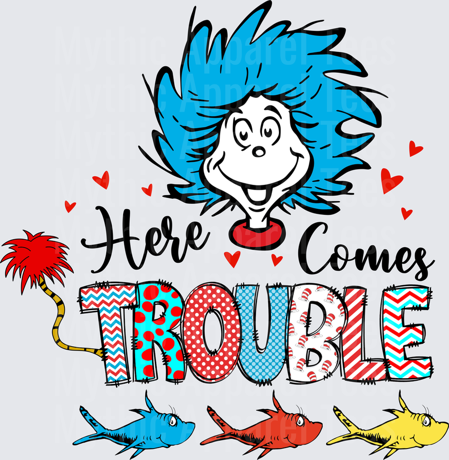 Dr. Seuss Thing One Thing Two Here Comes Trouble with Truffula Tree and One Fish Two Fish in Patterned Letters