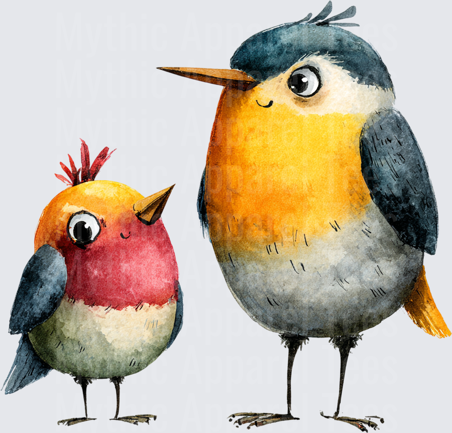 Whimsical Watercolor Chubby Bird Duo Cute Cartoon Robin Pair Big and Small Feathered Friends