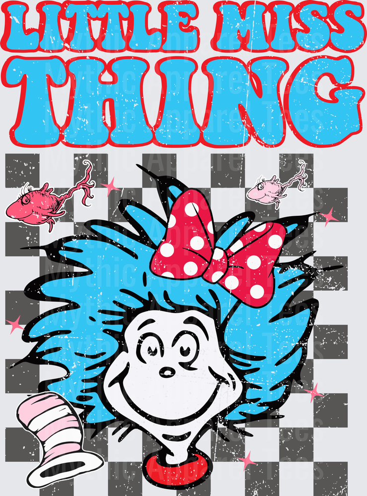 DR Seuss Little Miss Thing Blue Hair Polka Dot Bow Checkered