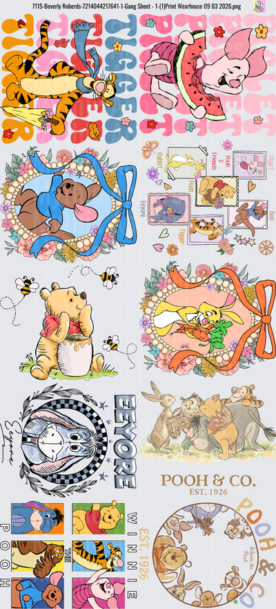 Gang Sheet FULL SIZE DESIGNS Winnie the Pooh Characters Collection with Tigger Piglet Eeyore and Hundred Acre Wood Friends