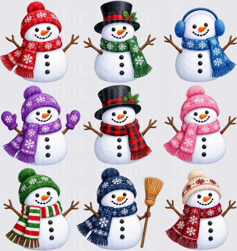 Nine Colorful Holiday Snowmen Collection with Festive Scarves and Winter Hats