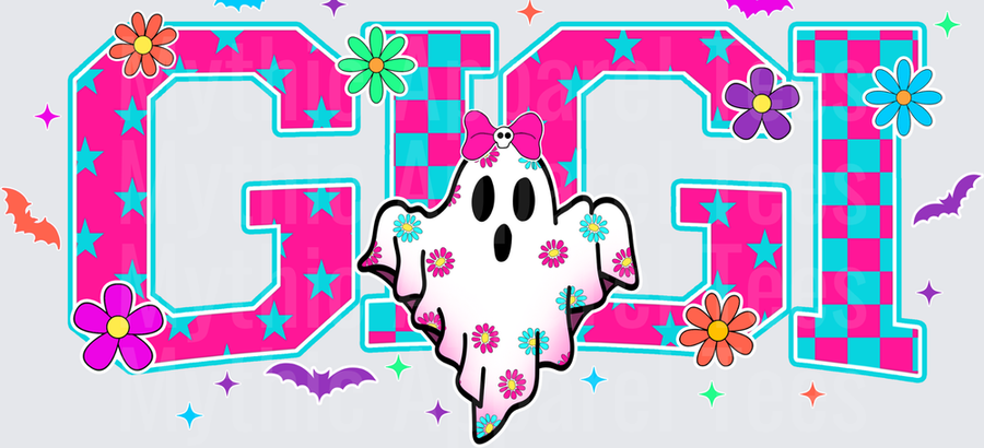 Halloween GIGI Retro Checkered Varsity Letters Cute Ghost with Pink Bow Floral Daisy Stars Bats Colorful Groovy Design