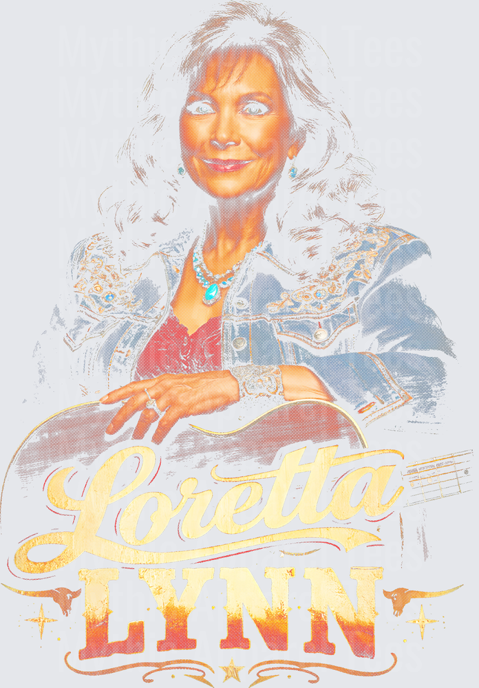 Loretta Lynn Portrait with Guitar Vintage Faded Script Logo Country Music Legend Tribute Graphic