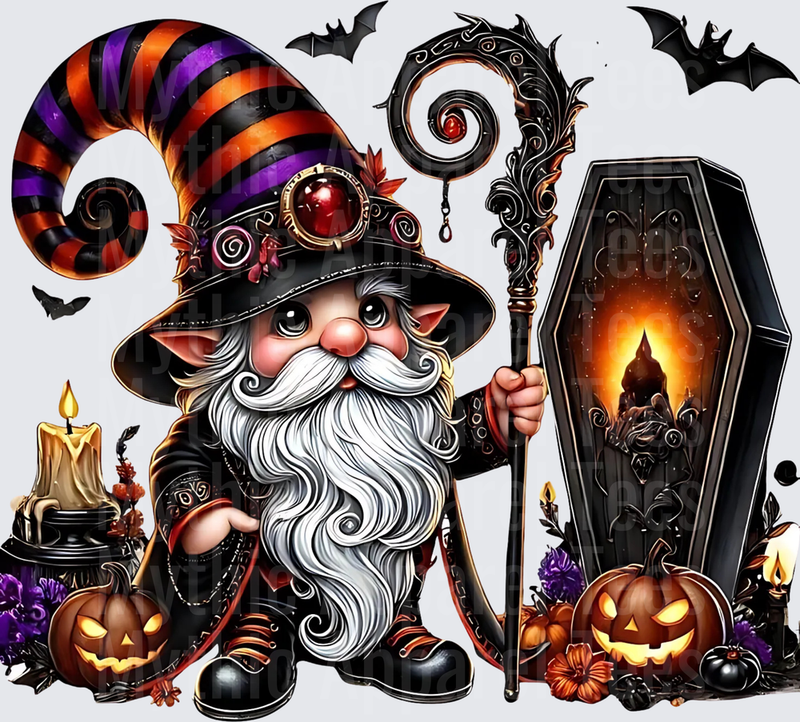 Halloween Gnome Wizard with Striped Witch Hat Dark Coffin Lantern Jack-o-Lanterns Candles and Flying Bats