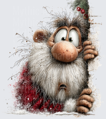 Crazy Wild-Haired Santa Claus Peeking Around Christmas Tree with Big Googly Eyes and Messy White Beard