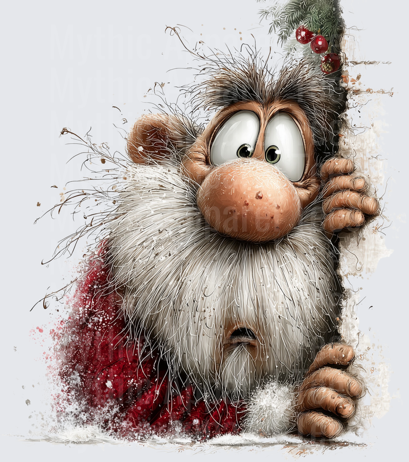 Crazy Wild-Haired Santa Claus Peeking Around Christmas Tree with Big Googly Eyes and Messy White Beard