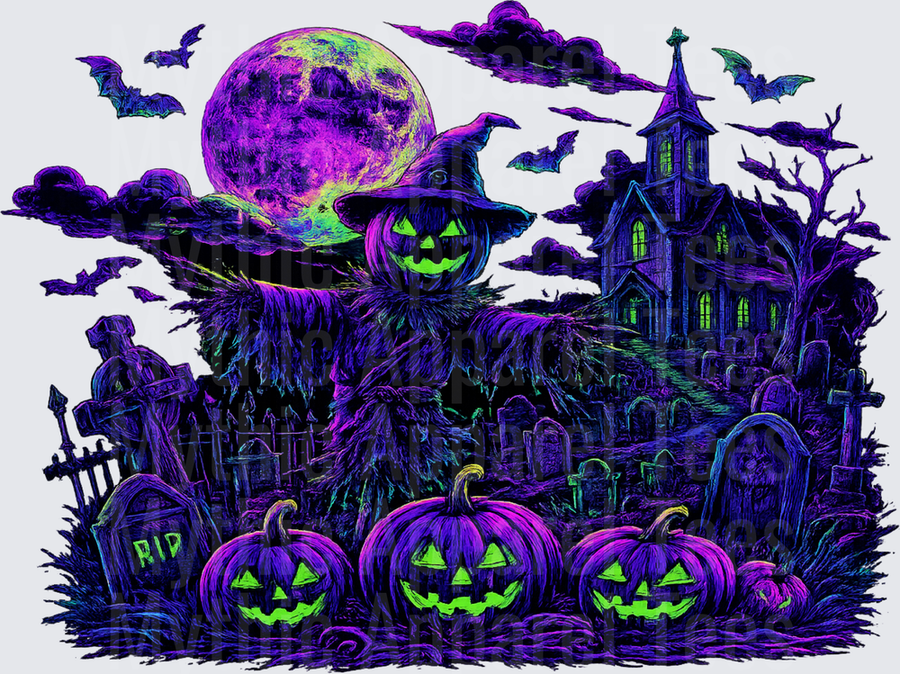 Neon Purple Halloween Scarecrow Pumpkin Head Witch Hat Haunted House Graveyard Full Moon Blacklight Glow Scene