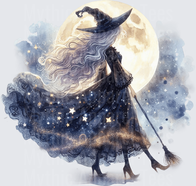 Halloween Gothic Witches Moonlit Watercolor Starry Gown Broom