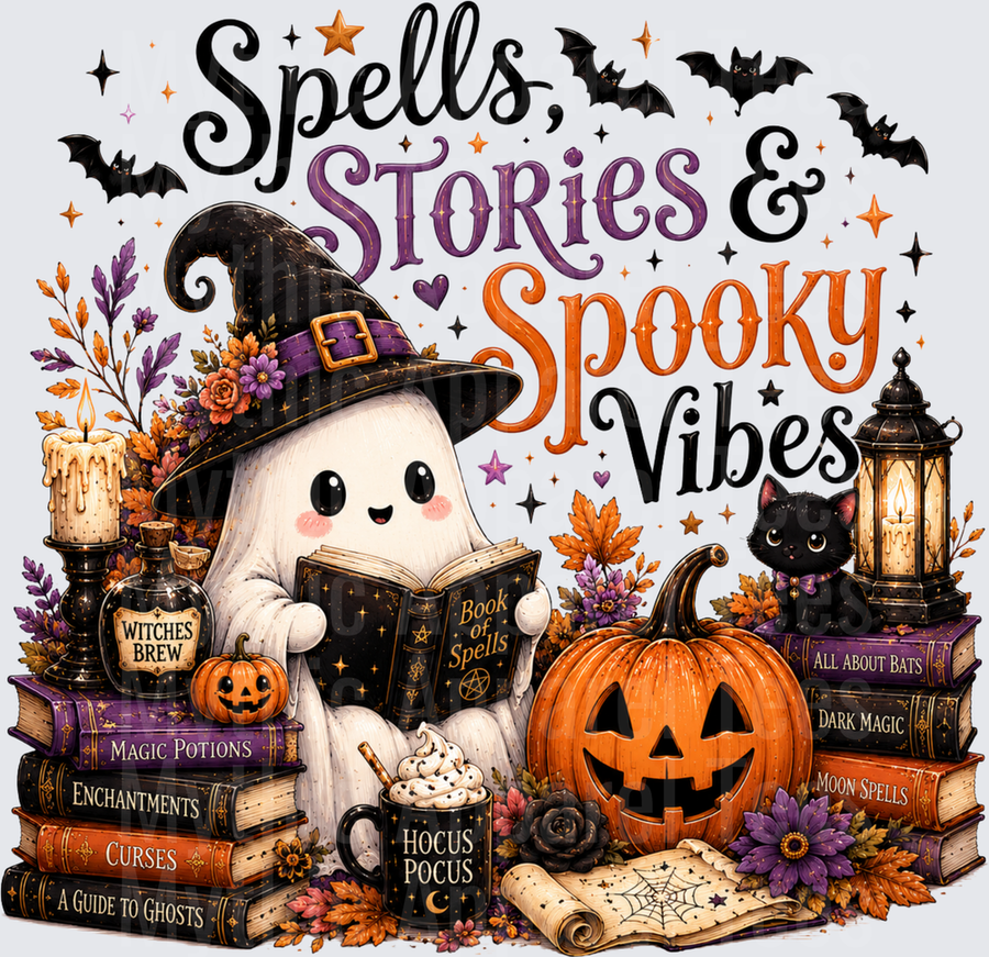 Spells Stories and Spooky Vibes Cute Ghost Reading Book of Spells with Jack-o-Lantern Black Cat Witches Brew and Halloween Books