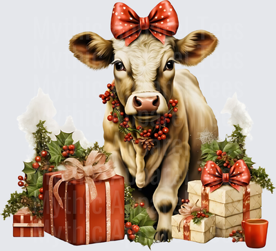 Highland Christmas Cow with Red Bow Holly Berries and Gifts