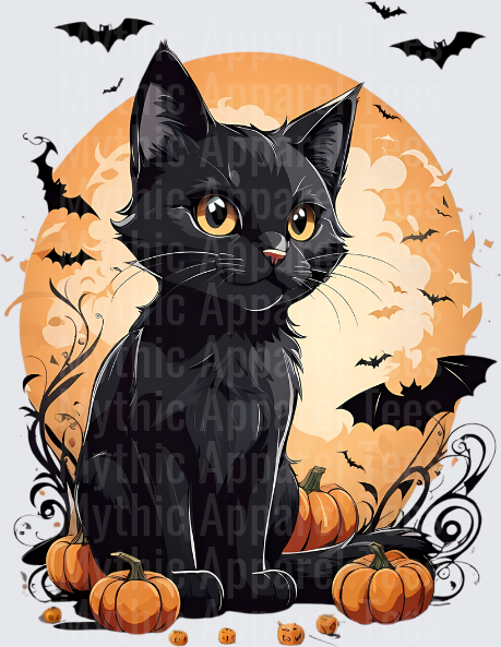 Cute Black Cat With Golden Eyes Sitting Among Pumpkins Under Full Moon With Flying Bats Halloween