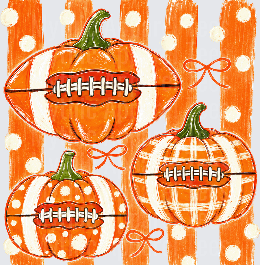 Fall Designs Football Pumpkin Trio with Polka Dot Plaid and Stripe Patterns Orange Bow Accents Autumn Halloween
