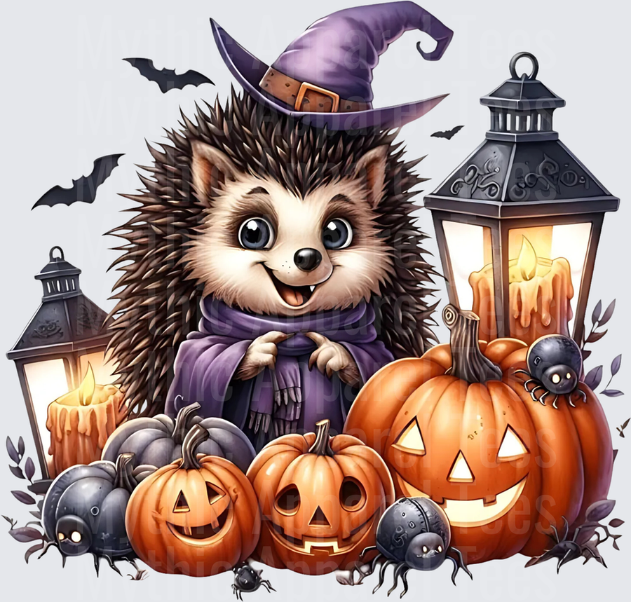 Cute Halloween Hedgehog Witch with Jack-O-Lanterns Spiders Lanterns and Flying Bats