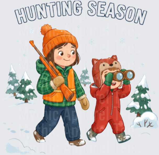 Hunting Season Kids in Snow with Rifle and Binoculars