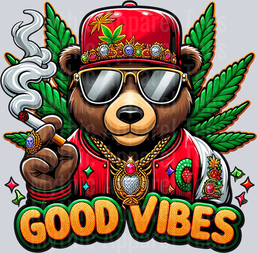 Bear Good Vibes Rasta Colors floral colors weed plant DTF Weed Transfers