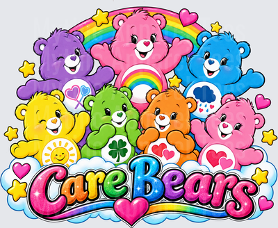 Care Bears Full Squad Group Rainbow Cloud Scene with Stars and Hearts