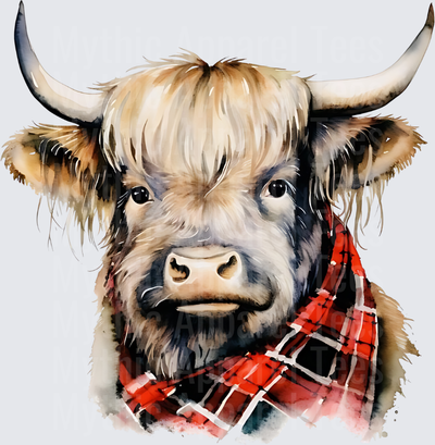 Highland Christmas Cow Watercolor Portrait Red Plaid Scarf