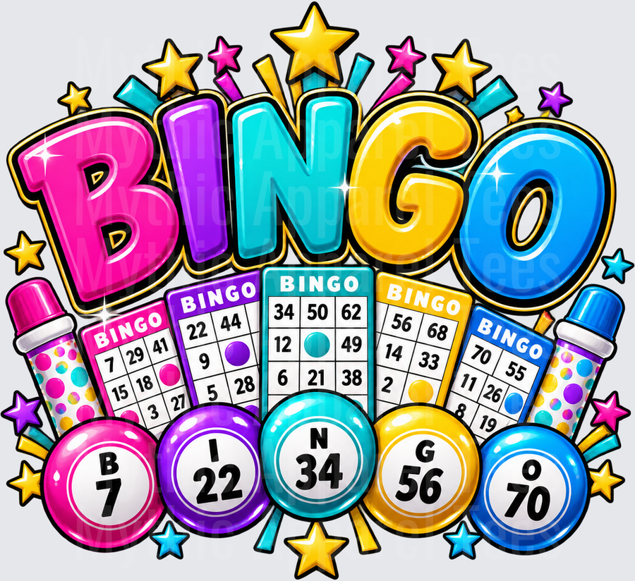 Colorful Bingo Night Game Design with Bold Letters, Bingo Cards, Daubers, and Lucky Balls Surrounded by Stars