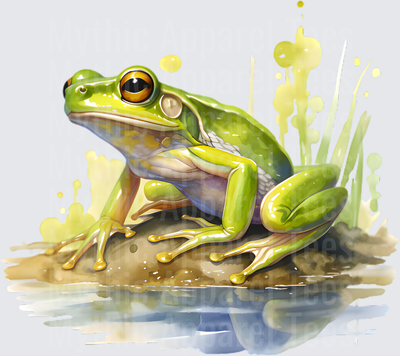 Watercolor Green Tree Frog Sitting on Muddy Bank with Reeds and Yellow Paint Splashes