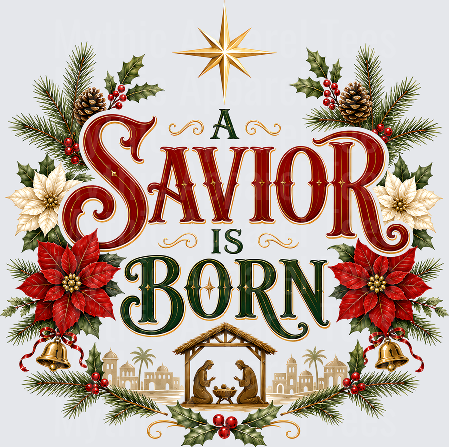 A Savior Is Born Christmas Nativity Scene with Star of Bethlehem Holly Poinsettia and Bells
