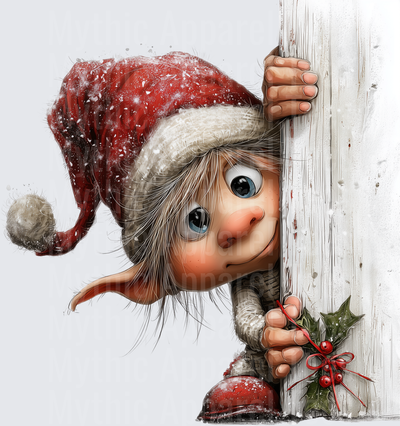Mischievous Christmas Gnome Elf Peeking Around Snowy Wooden Post Holding Holly Berry Sprig